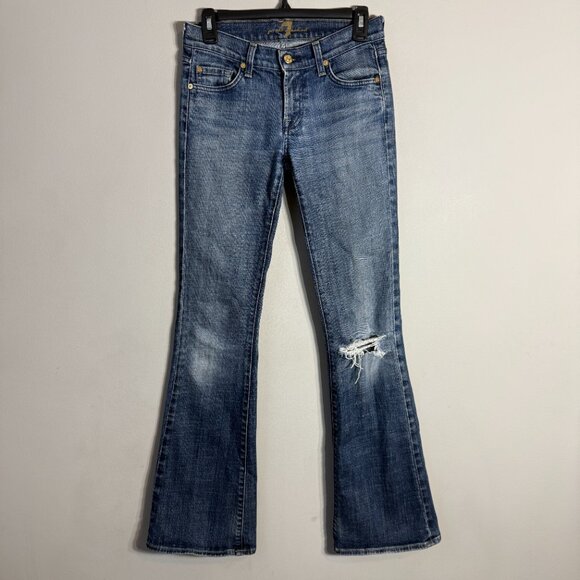 7 For All Mankind Low Rise Flare Denim Jeans Womens 26 Blue Distressed Retro Y2K - Picture 4 of 13